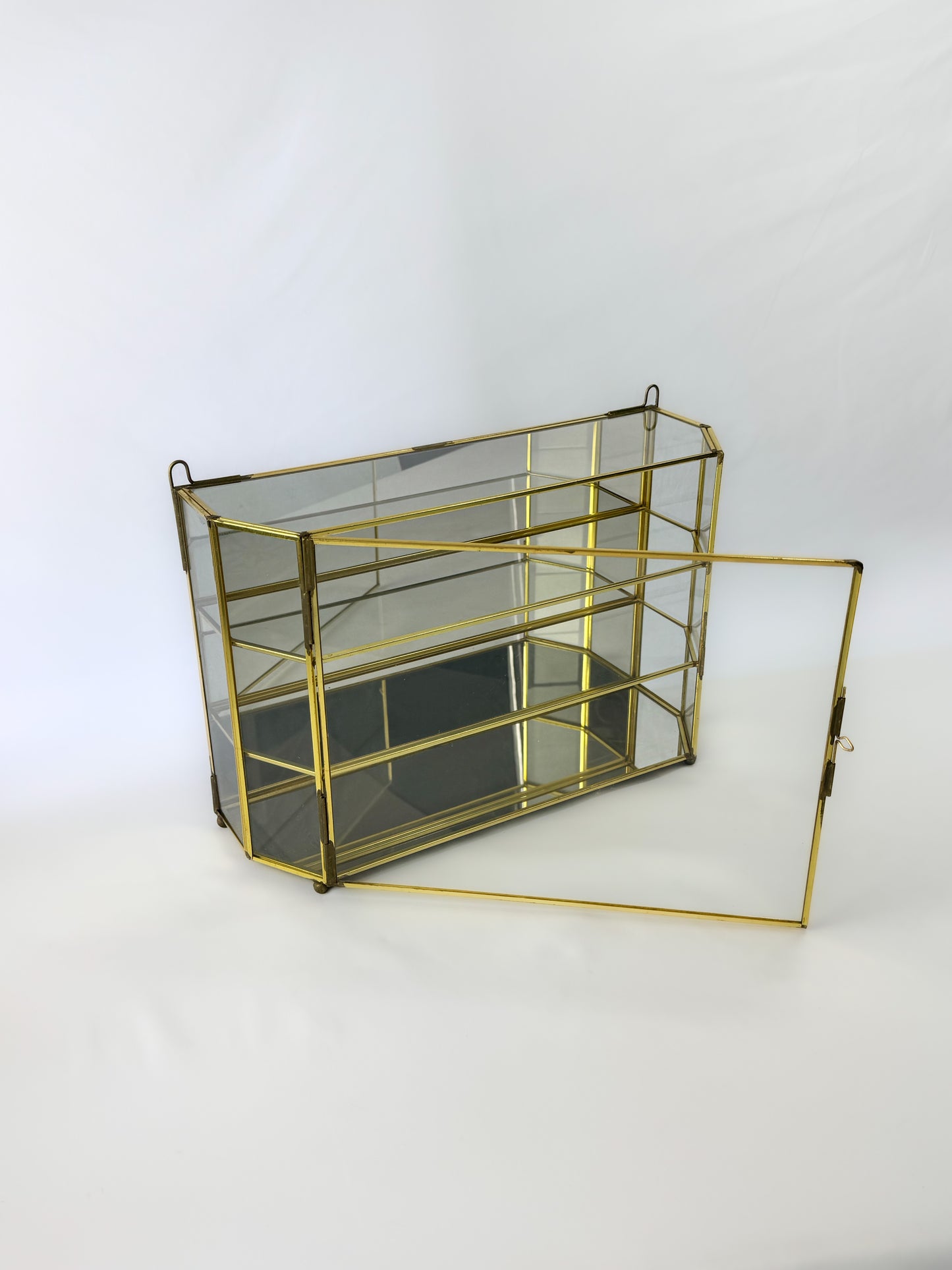 Vintage Brass & Glass Mirrored 3-Shelf Wall Hanging Curio Cabinet