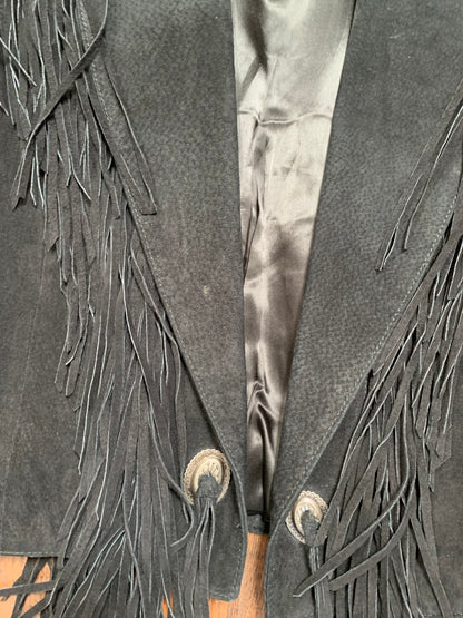 Vintage Bomber Jacket - Genuine Leather - Black Suede Fringe - Silver Conches - Scully - Large