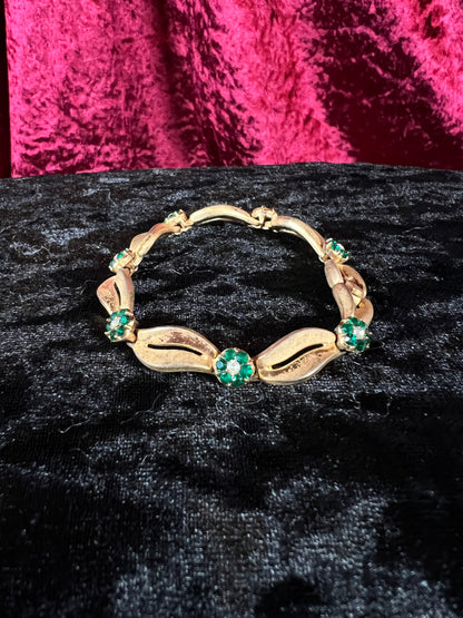 Vintage Gold Tone Trifari Bracelet - Green Rhinestone Floral Link Design