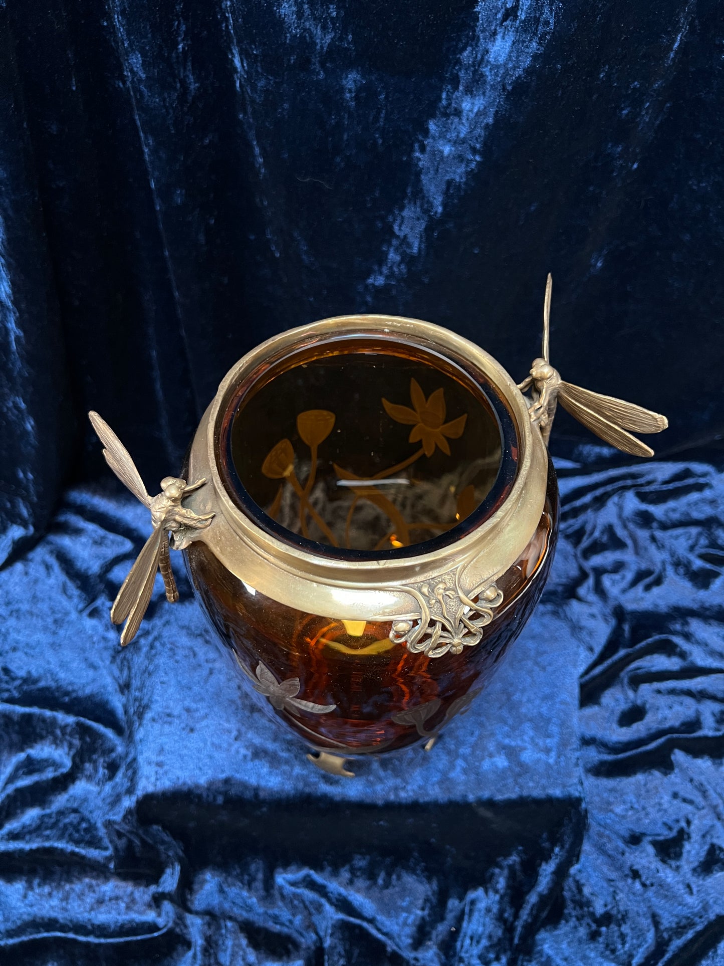 Vintage Art Nouveau Revival Opium Jar - Etched Poppies on Amber Glass - Castilian Poland