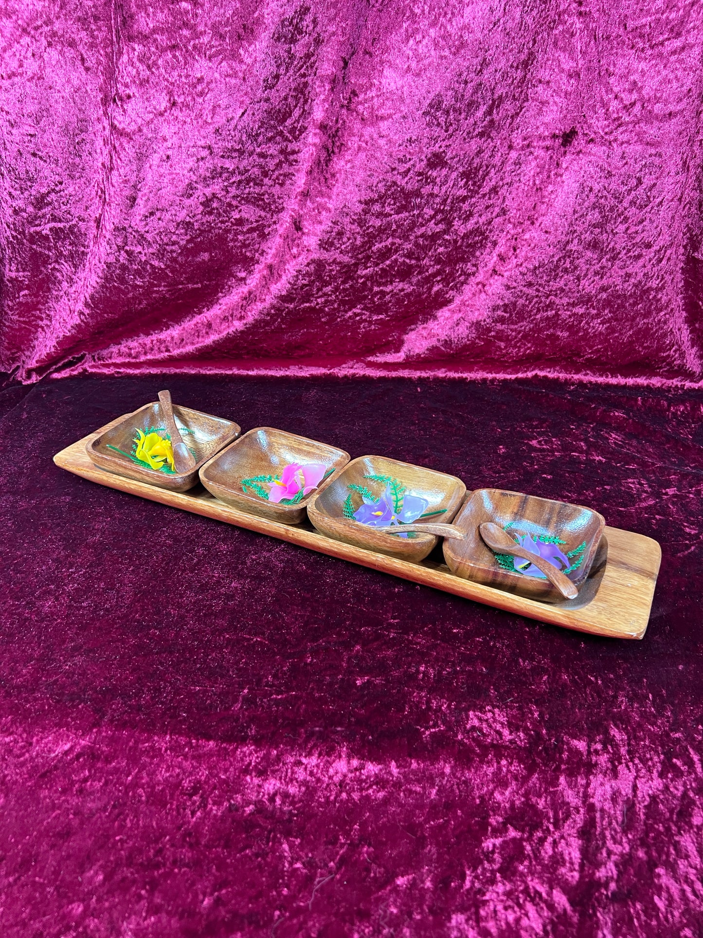 Vintage Kitchen - Tiki Teakwood Snack Tray with Sauce Bowls and Spoons