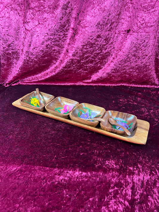 Vintage Kitchen - Tiki Teakwood Snack Tray with Sauce Bowls and Spoons