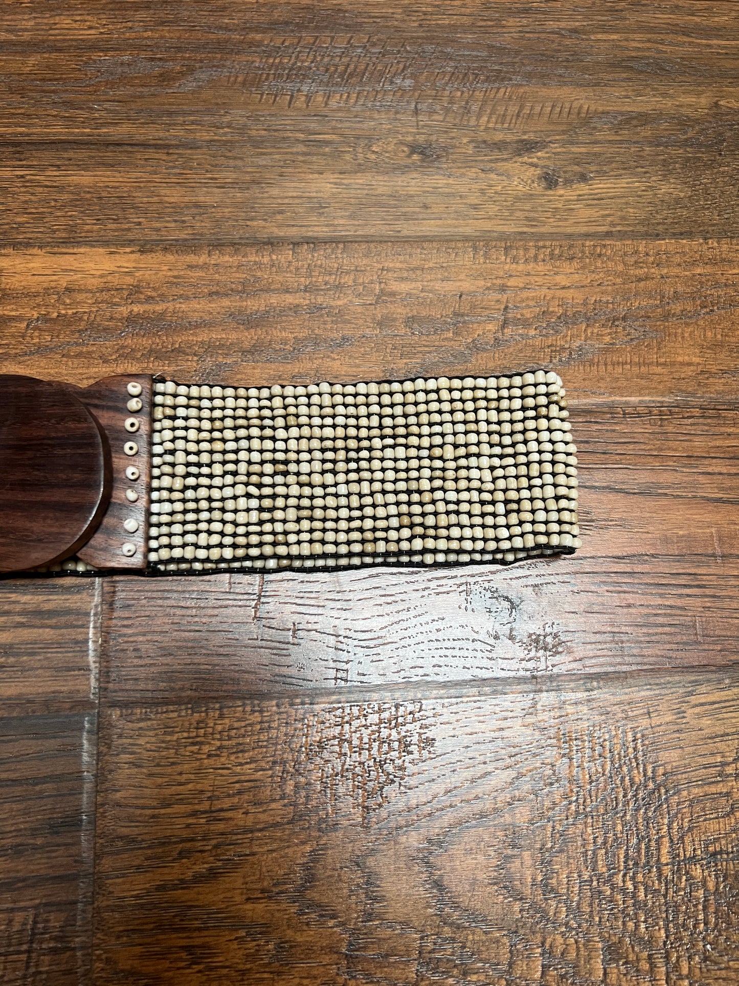 Vintage Style Accessories - Glass Seed Beaded Waist Belt with Wood Buckle - Sandy Beige - 31.5"