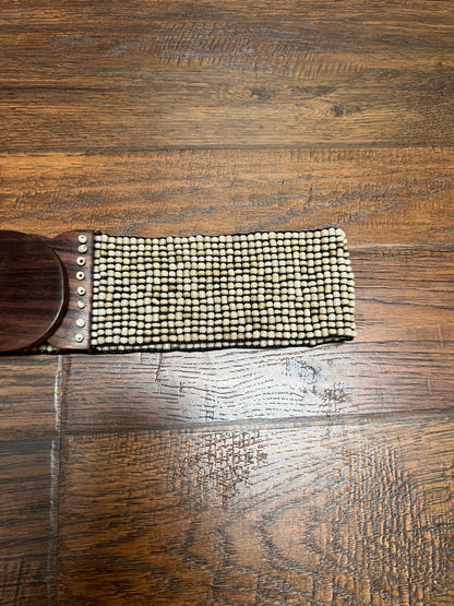 Vintage Style Accessories - Glass Seed Beaded Waist Belt with Wood Buckle - Sandy Beige - 31.5"