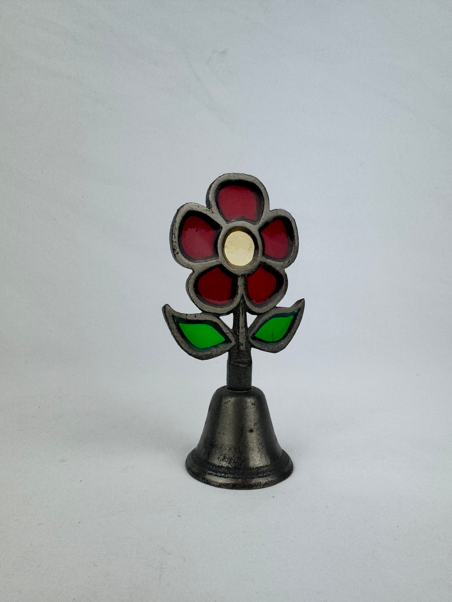 Vintage Metal Red Stained Glass Resin Flower Bell - Made In Japan