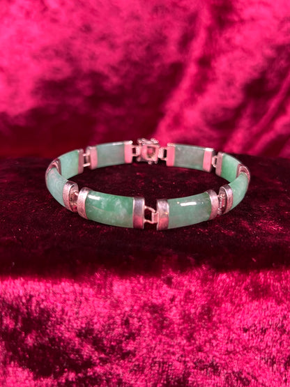 Vintage Jewelry - Link / Panel Bracelet - 925 Sterling Silver - Green Jade - 7.5"