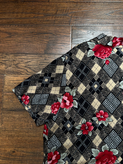 Vintage Rayon Blouse - Argyle Floral Print California Concepts - Large