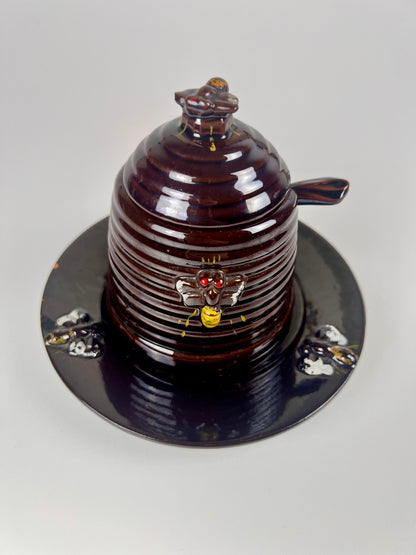 Vintage Lustreware Beehive Honey Pot & Plate | Dark Brown & Purple Glaze