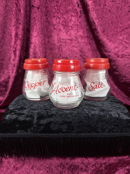 Vintage Owens Illinois Glass Spice Shaker Set - Salt Pepper Accent Red Lids Trio