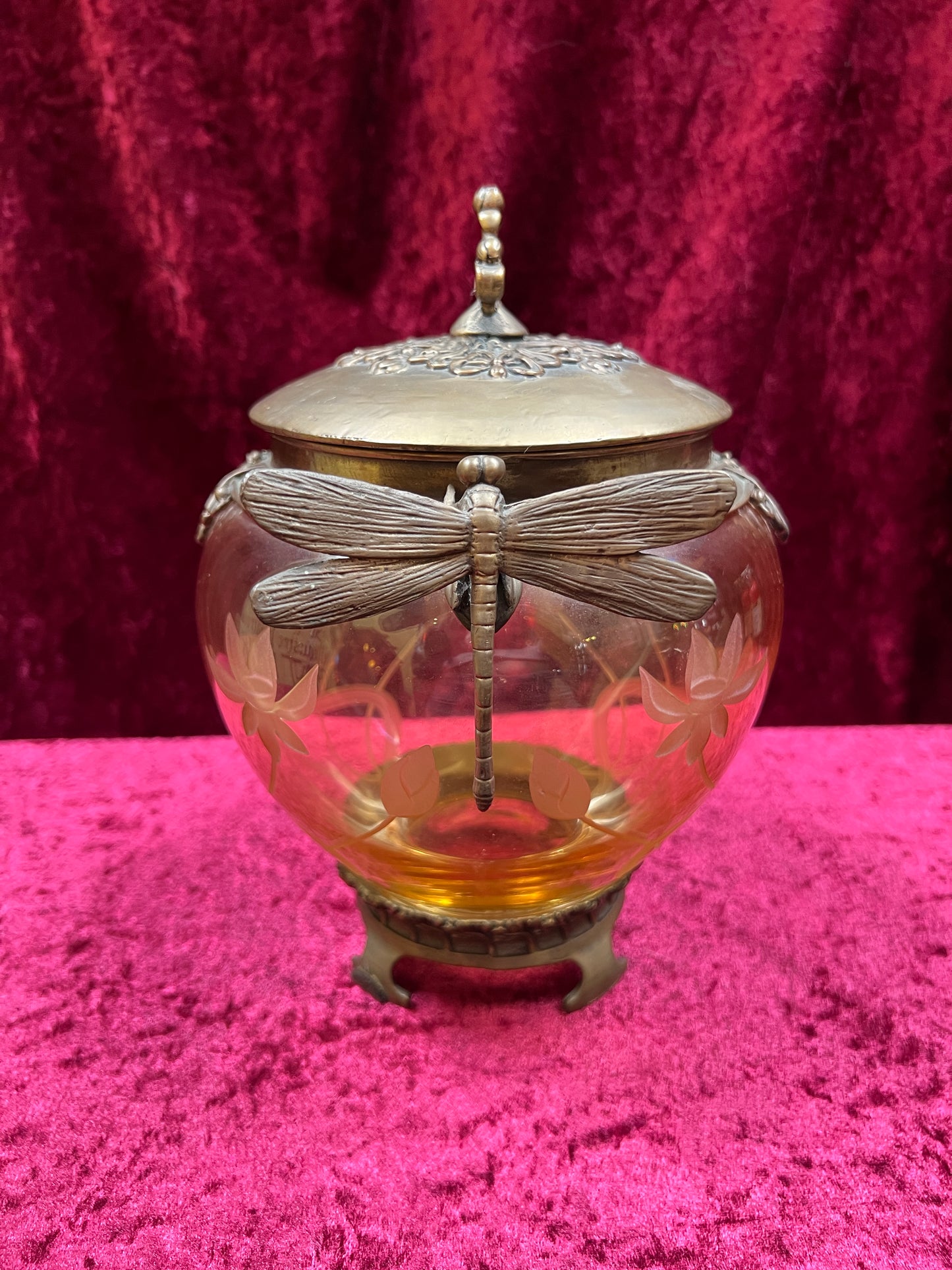 Vintage Oddities - Antique Art Nouveau Opium Jar - Etched Amber Glass - Castilian Poland