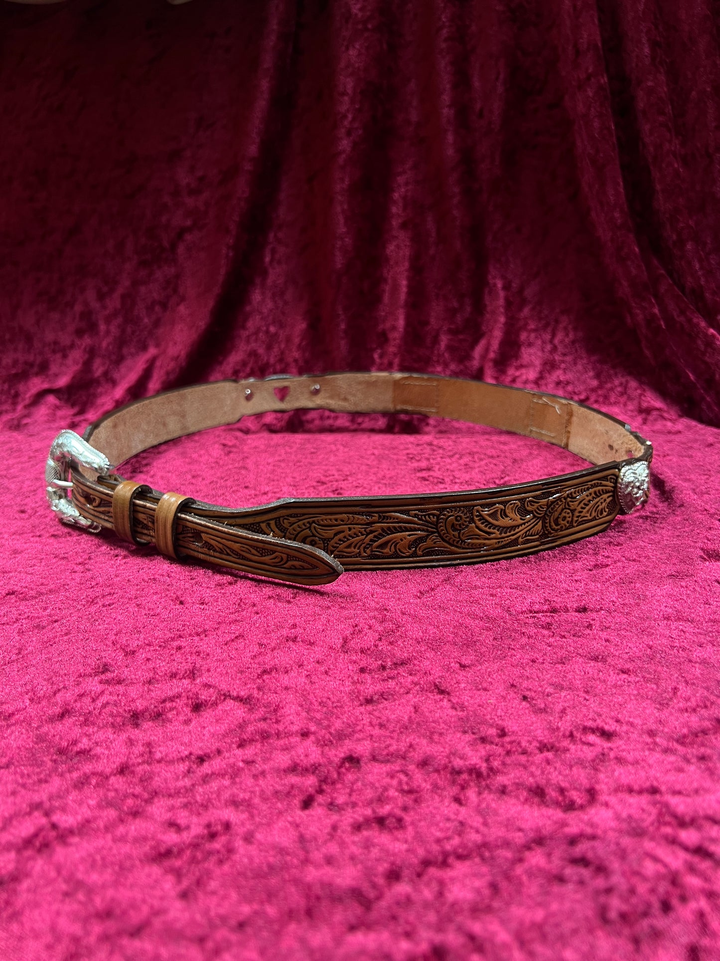 Vintage Nocona Leather Western Belt - Tooled Heart Cutout Silver Concho Belt USA Made - 34-37.75"