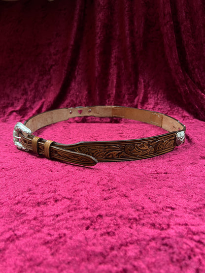 Vintage Nocona Leather Western Belt - Tooled Heart Cutout Silver Concho Belt USA Made - 34-37.75"