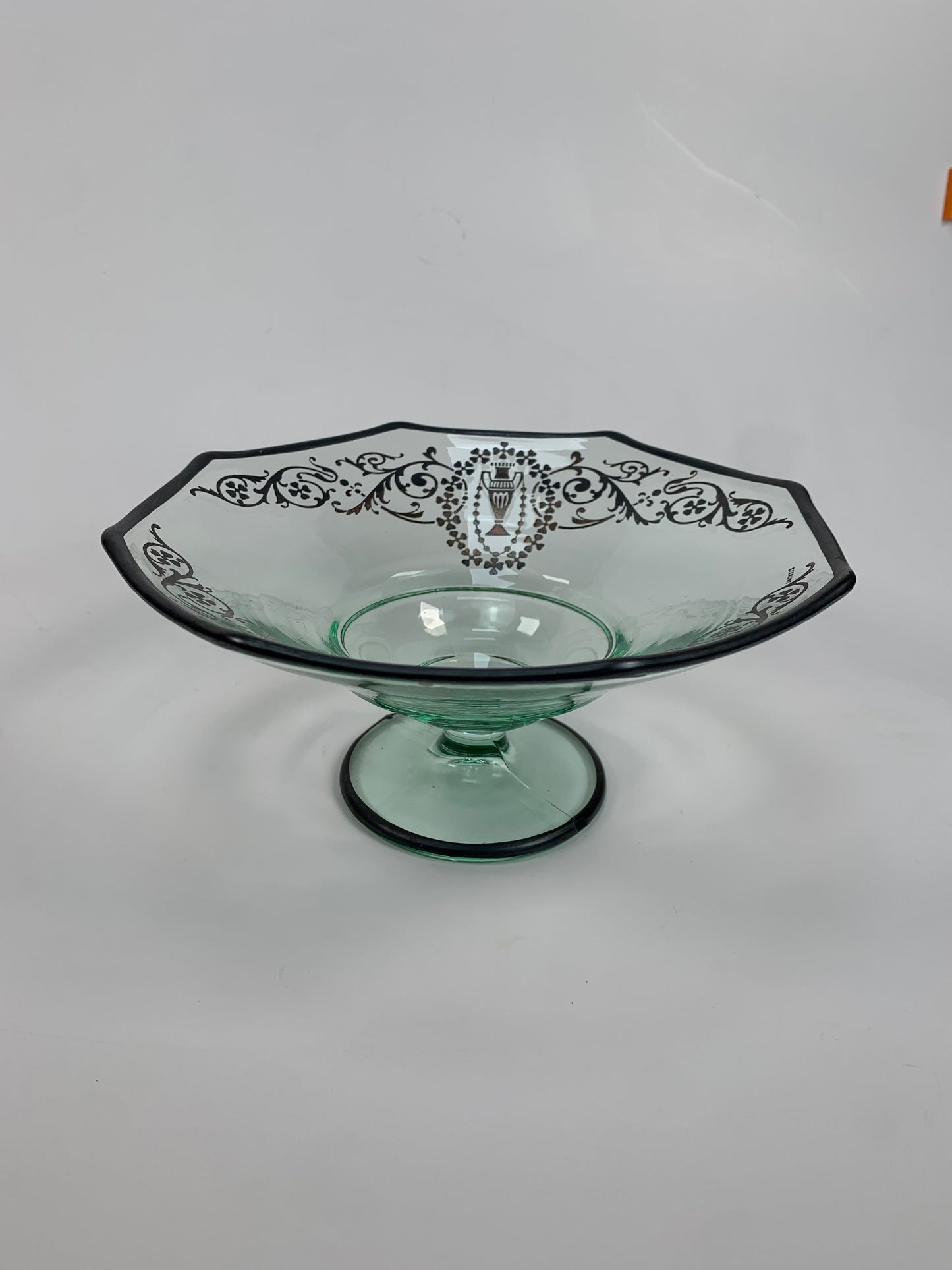 Vintage Pedestal Candy Dish - Green Glass with Sterling Silver Overlay - Ornate Grecian Urns