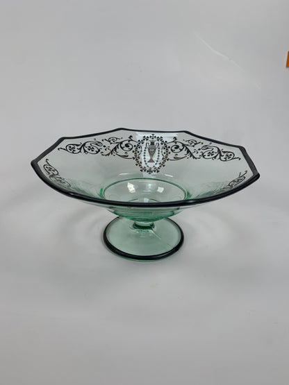 Vintage Pedestal Candy Dish - Green Glass with Sterling Silver Overlay - Ornate Grecian Urns