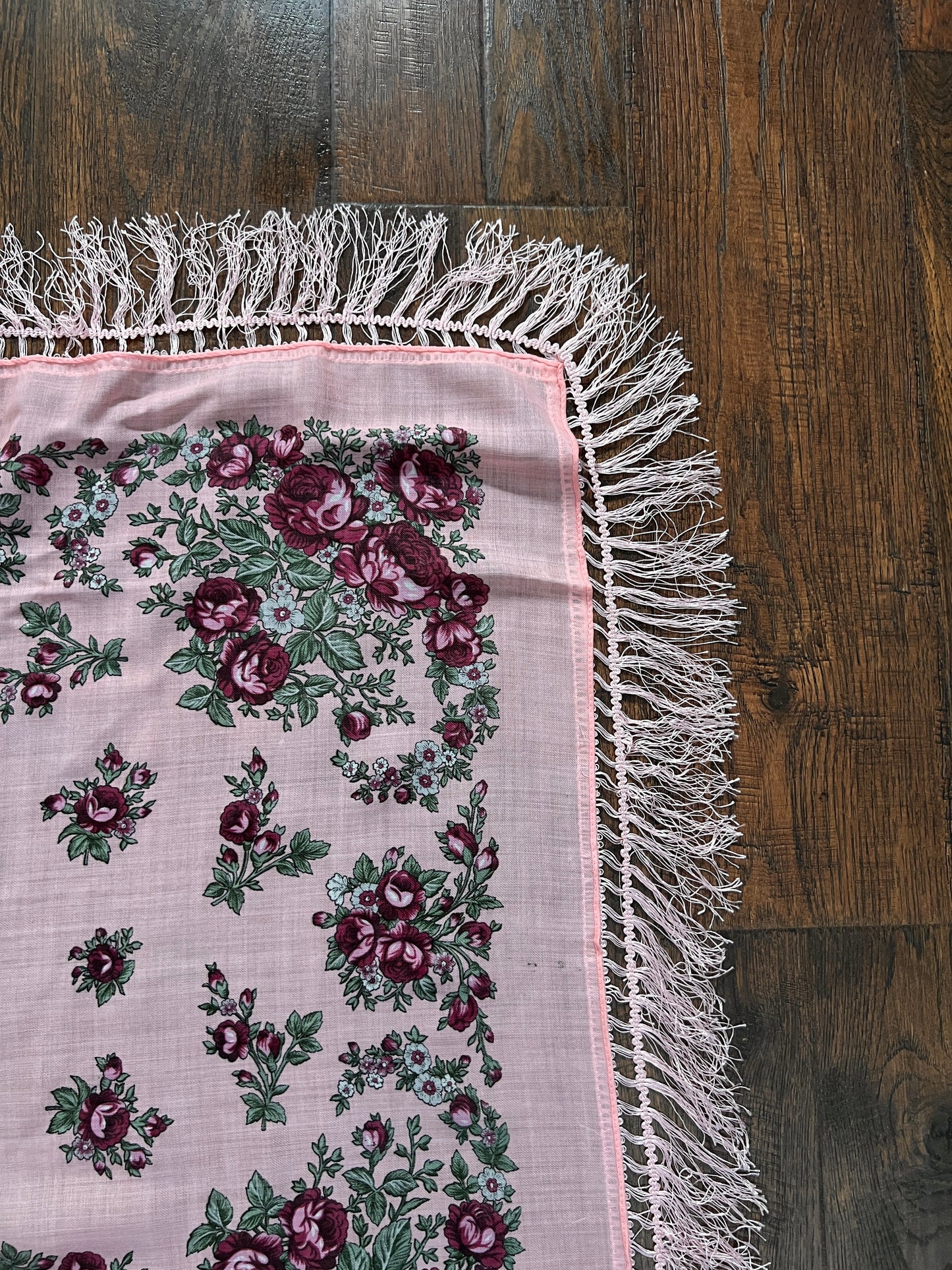 Vintage Kashmir Woole Floral Fringe Scarf - Pink Rose Square Wrap Bohemian Style