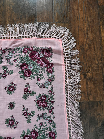 Vintage Kashmir Woole Floral Fringe Scarf - Pink Rose Square Wrap Bohemian Style