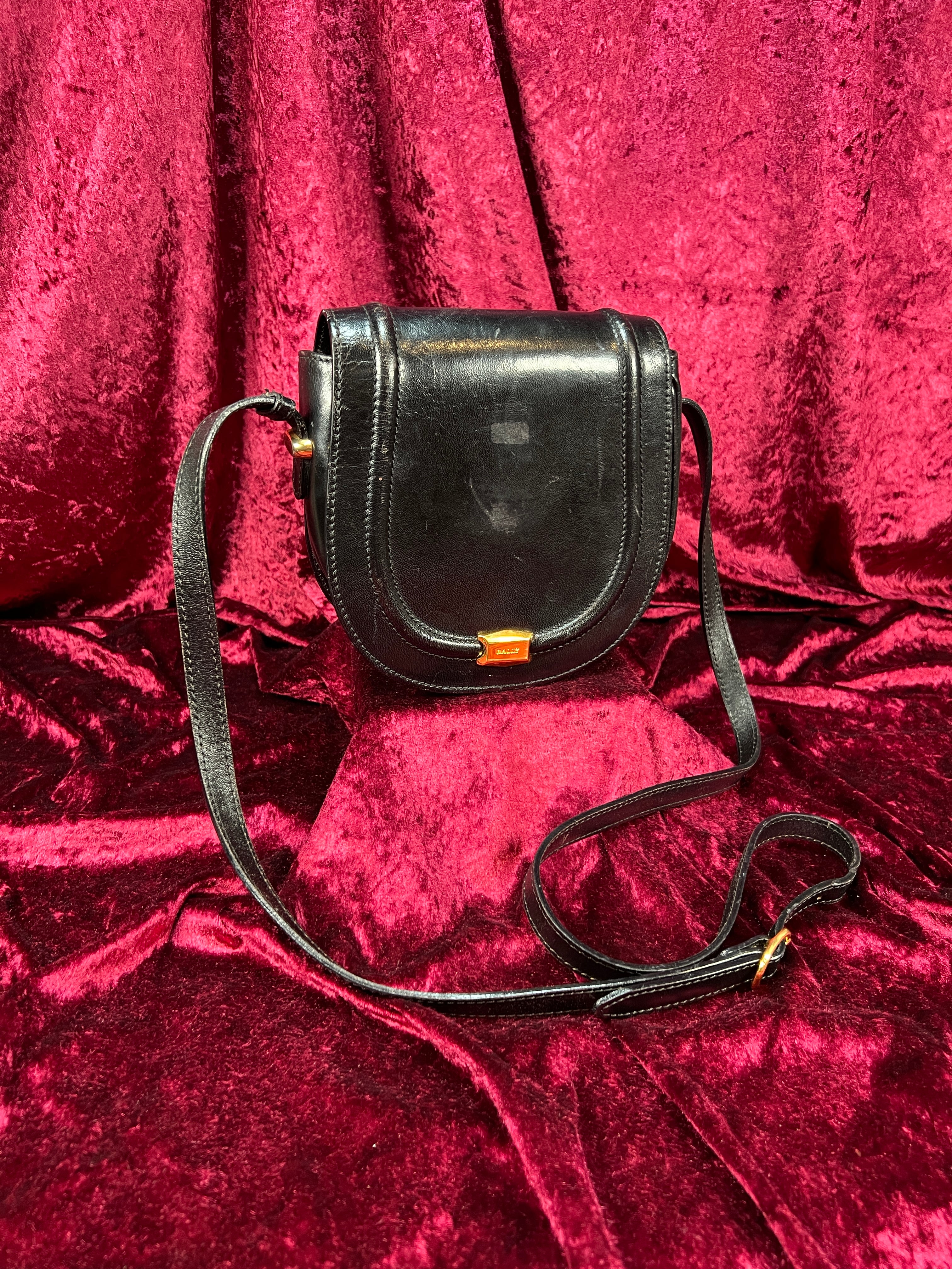 Vintage Black Leather Crossbody Bag - Bally Italy Saddle Purse