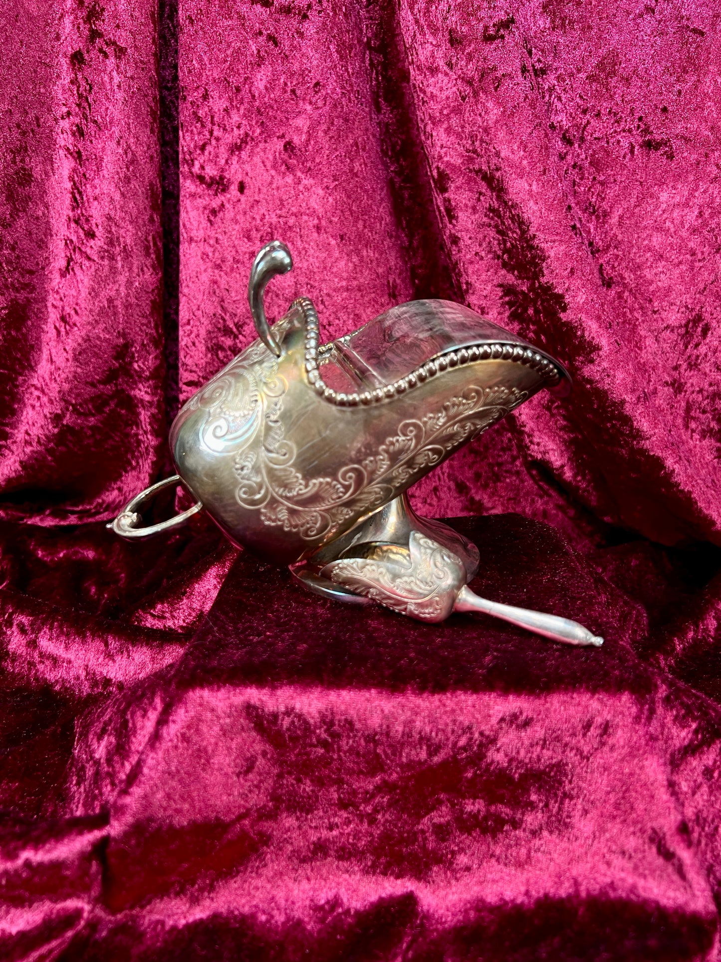 Vintage Silverplate Sugar Scuttle - Engraved Scrollwork Tea Service