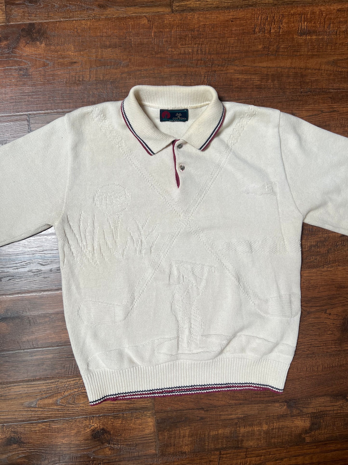 Vintage Clothing - Long Sleeve Knit Polo - Golf Scene - Cream - Isle Of Cotton - Medium