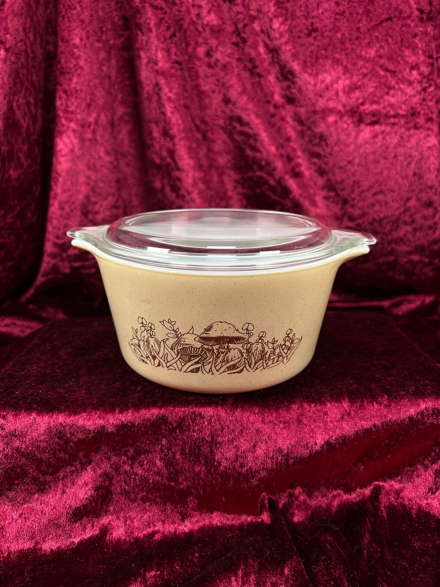 Vintage Pyrex Glass Casserole Dish Set - Forest Fancies Mushroom Pattern