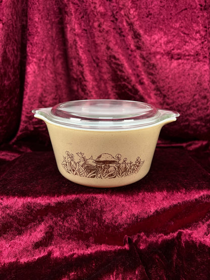 Vintage Pyrex Glass Casserole Dish Set - Forest Fancies Mushroom Pattern