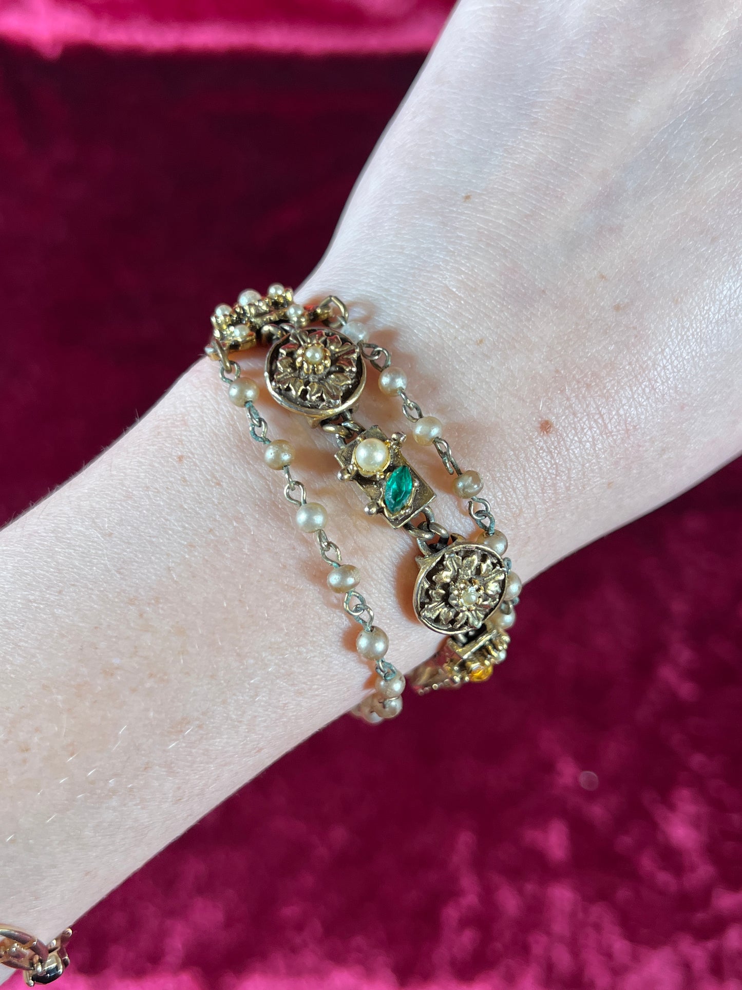 Vintage Jewelry - 3-Strand Charm Bracelet - Gold Tone - Multicolor Rhinestones - Goldette NY