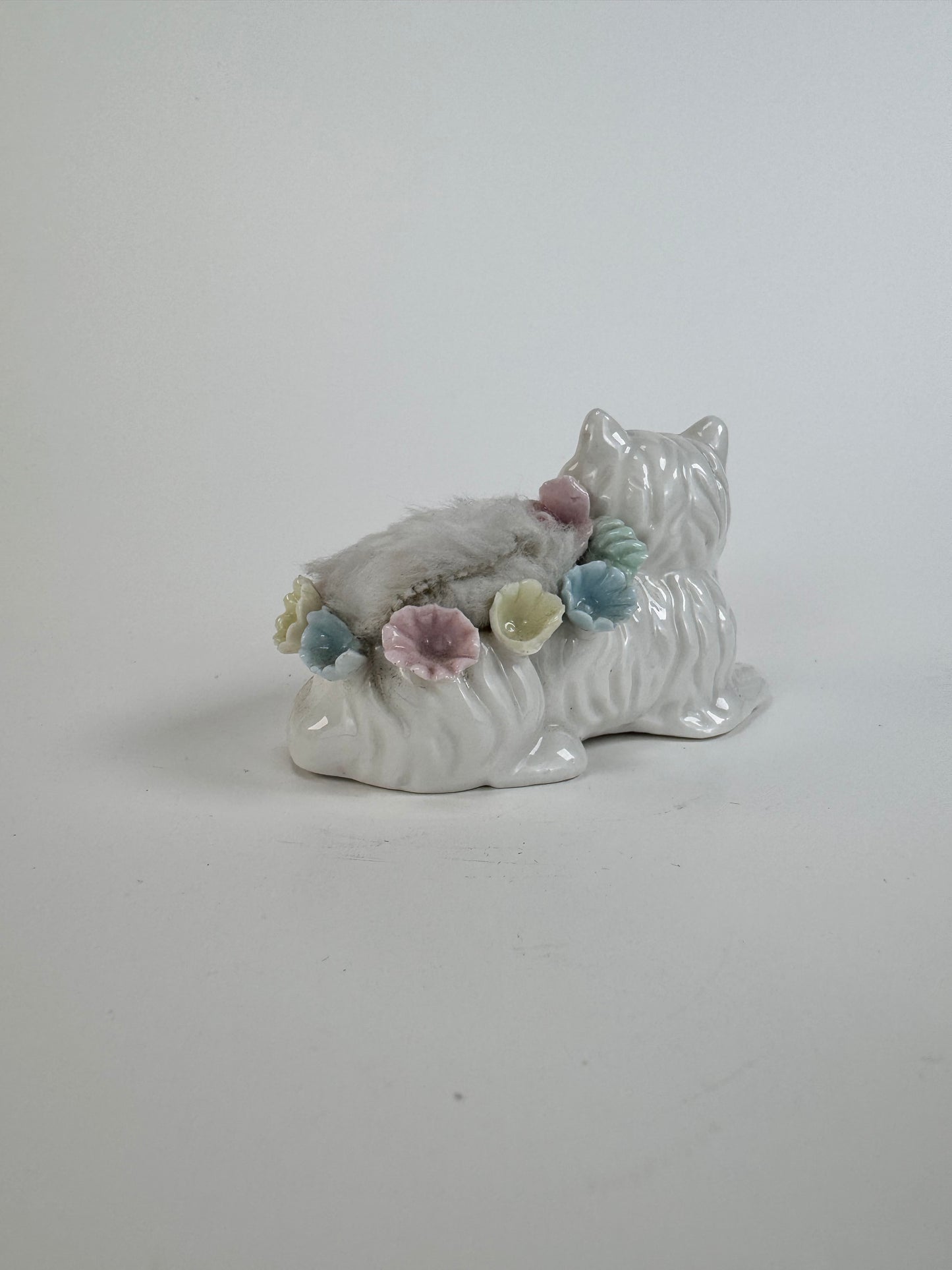 Vintage White Cat Porcelain Pin Cushion - Blue Yellow Pink Flowers