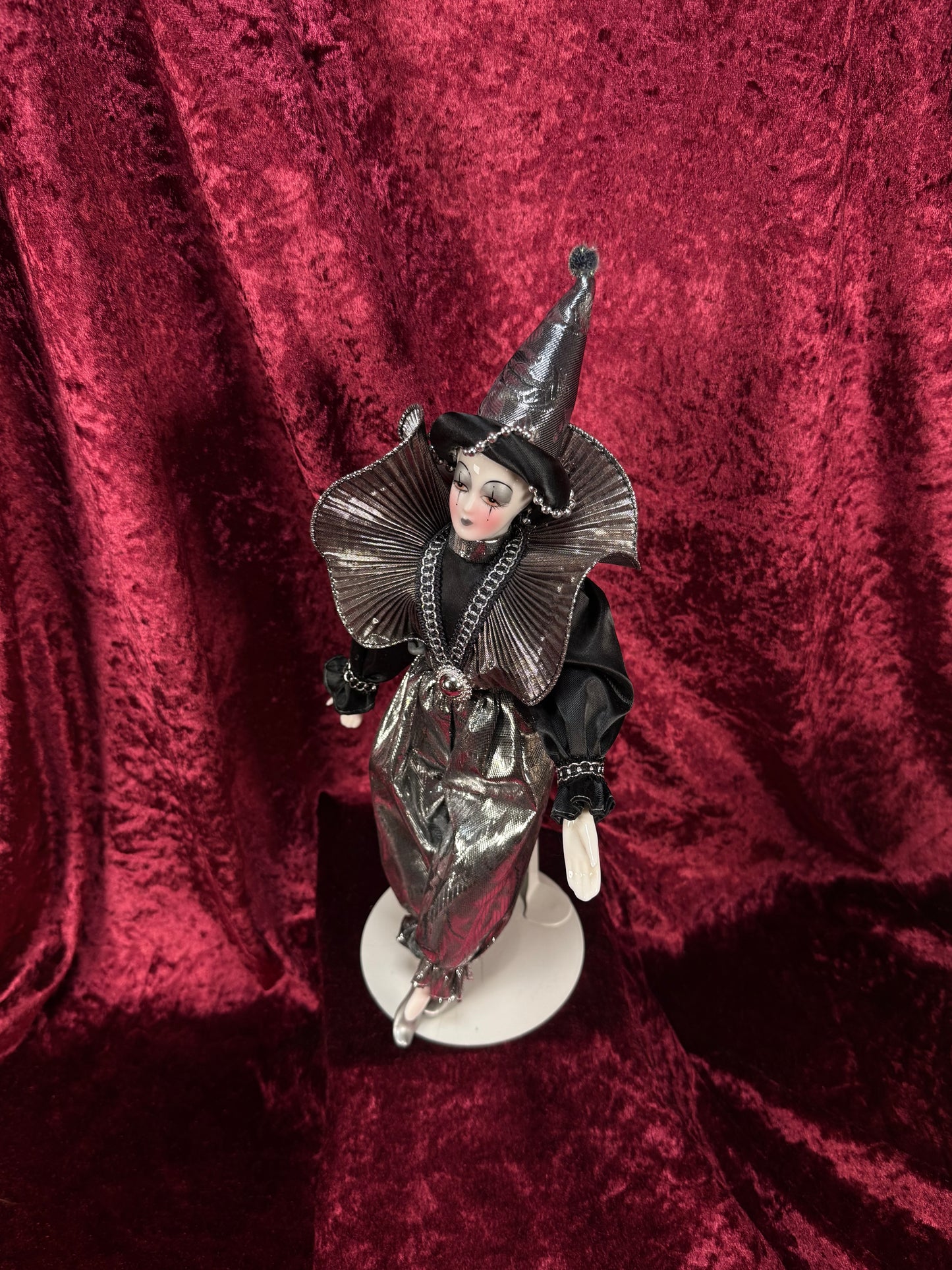 Vintage Silvestri Porcelain Pierrot Doll – Silver Metallic Black Harlequin Figure