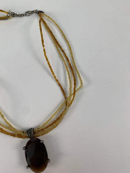 Vintage Jewelry - Five Strand Beaded Pendant Necklace - Faux Amber Rhinestone - Premier Design