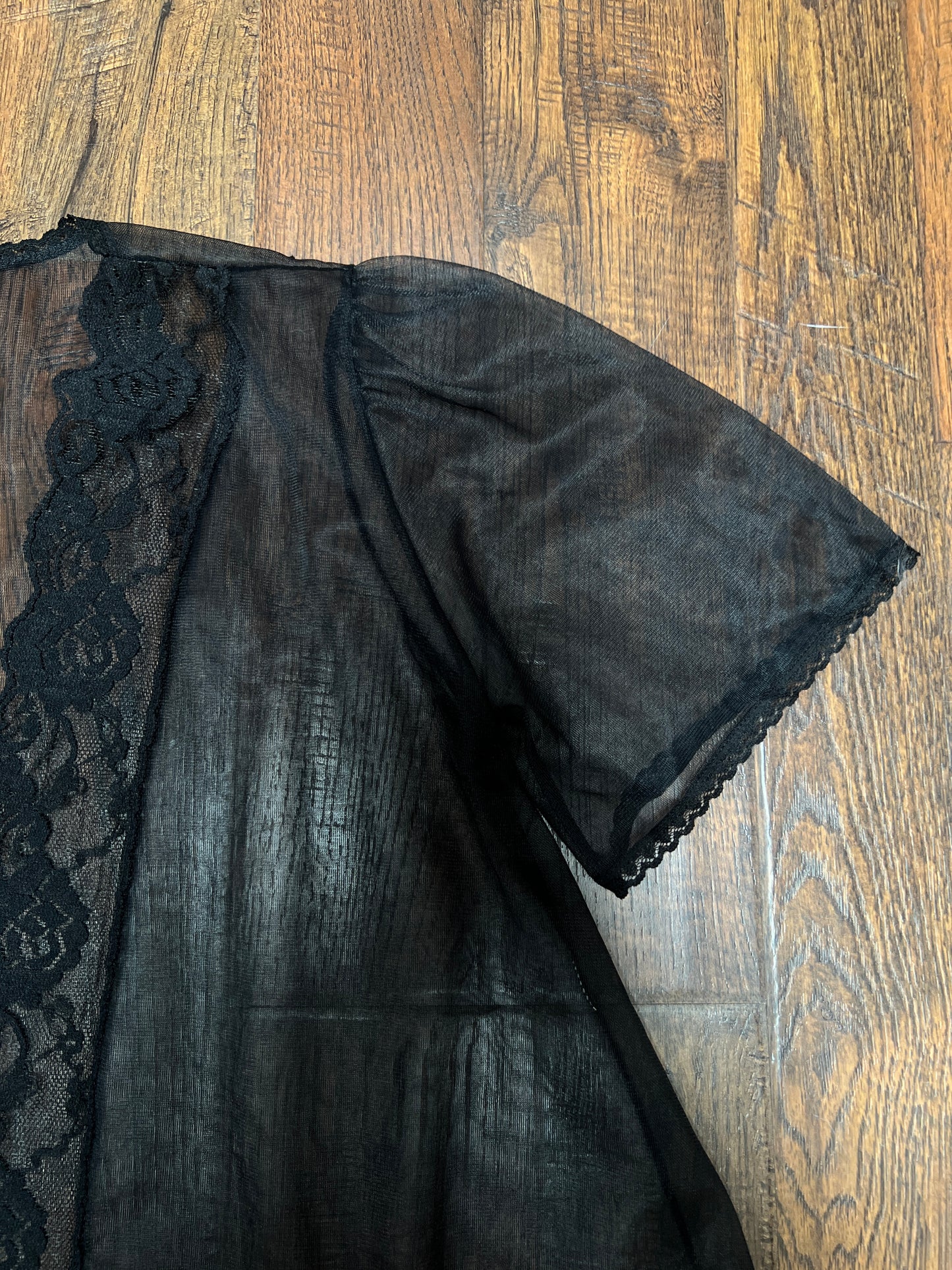 Vintage Night Winks Bed Jacket -  Sheer Black with Floral Lace Open Front - Medium