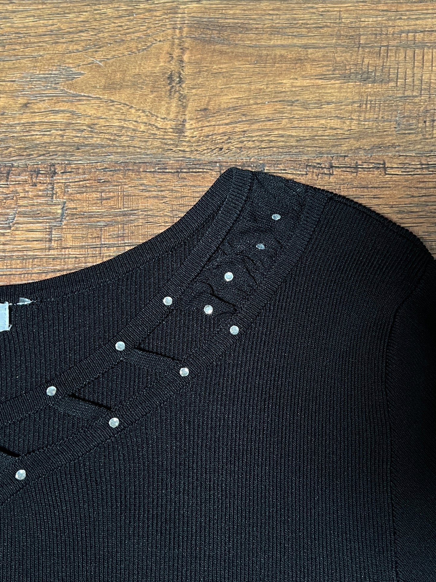 Vintage Hannah Jones Knit Top - Black Rhinestone Lattice Neckline - Medium