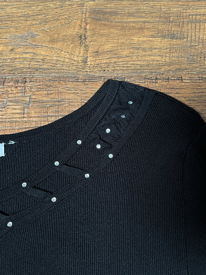 Vintage Hannah Jones Knit Top - Black Rhinestone Lattice Neckline - Medium
