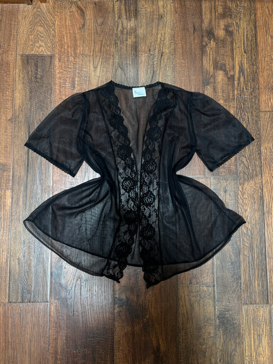 Vintage Night Winks Bed Jacket -  Sheer Black with Floral Lace Open Front - Medium
