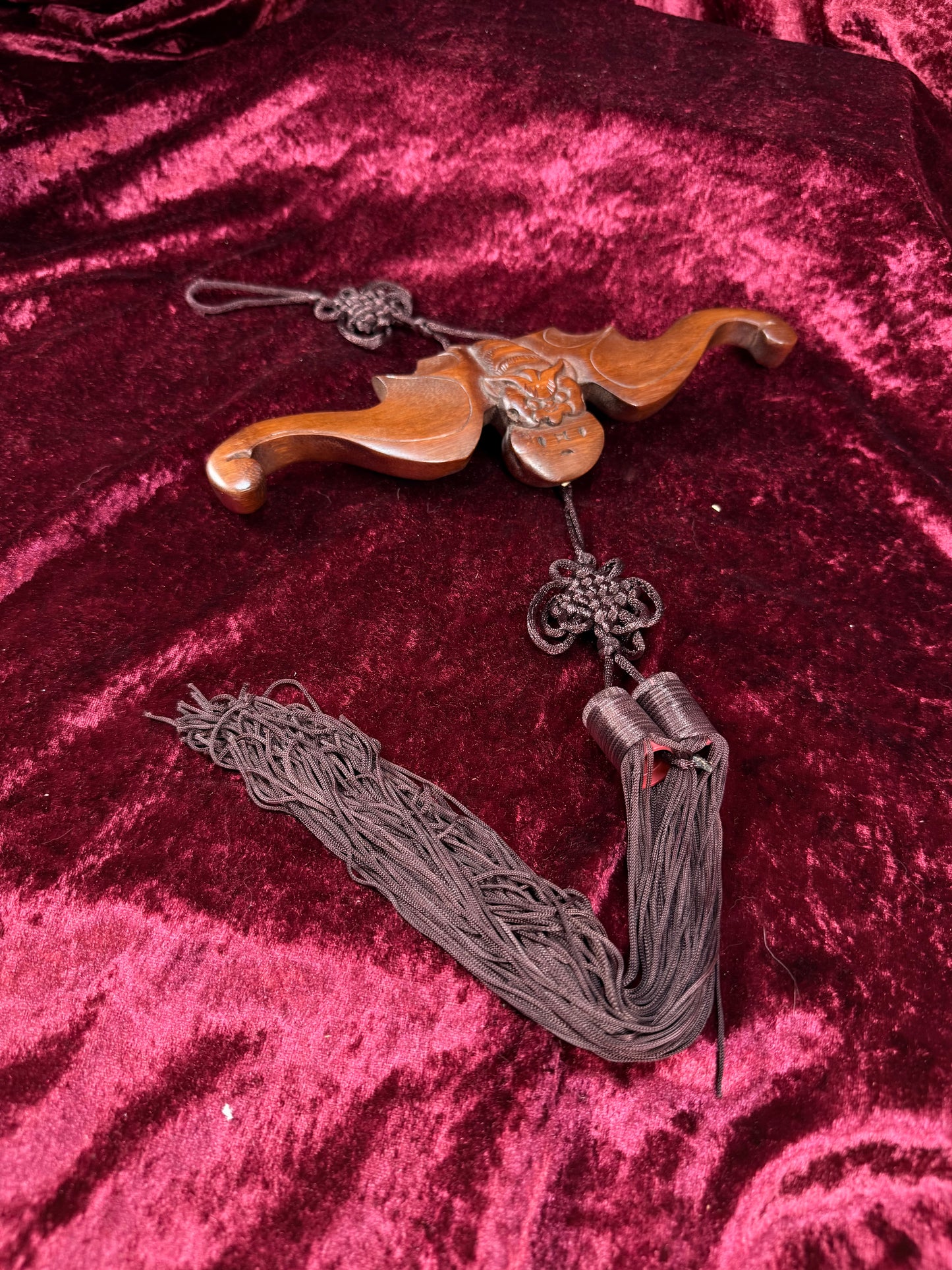 Vintage Wood Wall Hanging – Asian Carved Bat Sculpture with Knotted Tassel