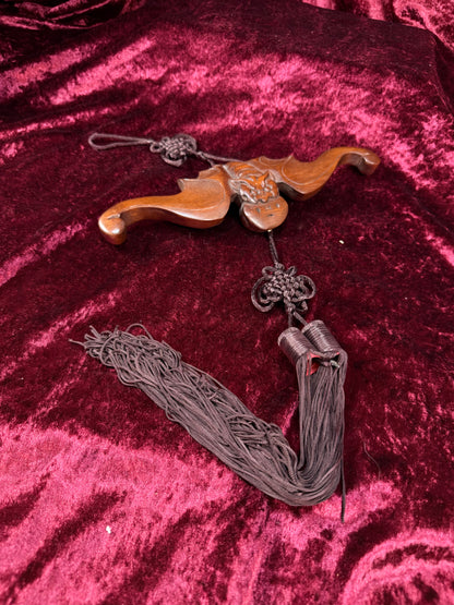 Vintage Wood Wall Hanging – Asian Carved Bat Sculpture with Knotted Tassel