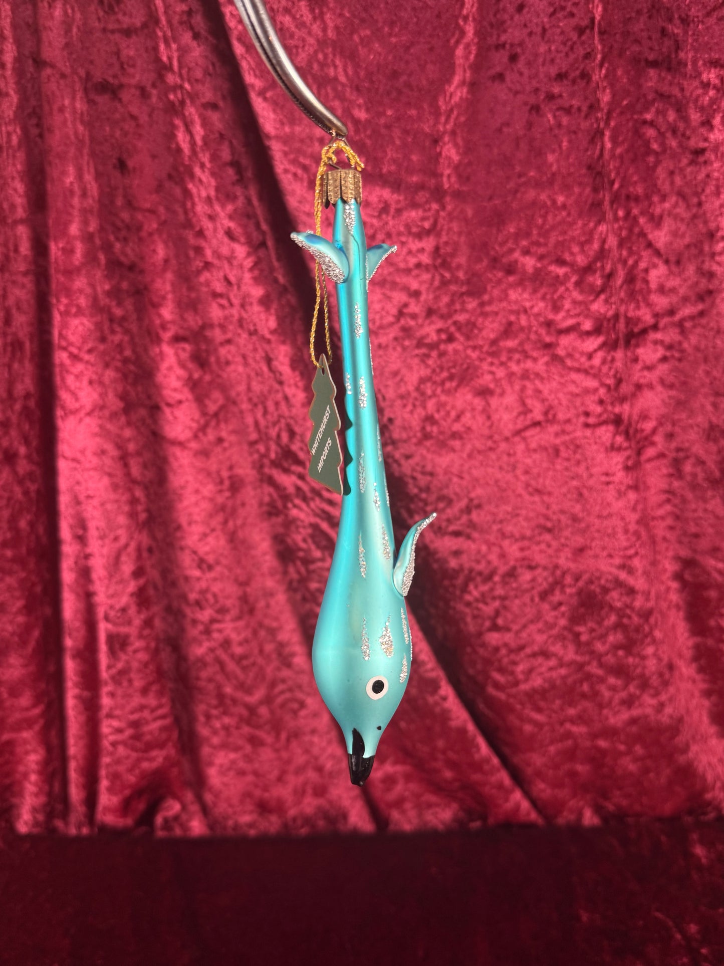 Vintage Christmas - Handblown Glass Ornament - Blue Dolphin with Silver Glitter - Whitehurst Imports