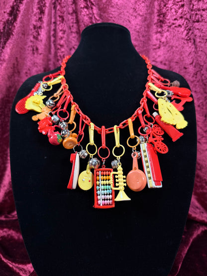 Vintage 1980s Plastic Chain Charm Necklace - 17 Bell Charms - Red Orange Yellow