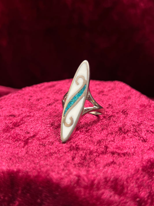 Vintage Jewelry - Marquise Ring - Sterling Silver - Turquoise Chip Inlay on White Stone - 8.5