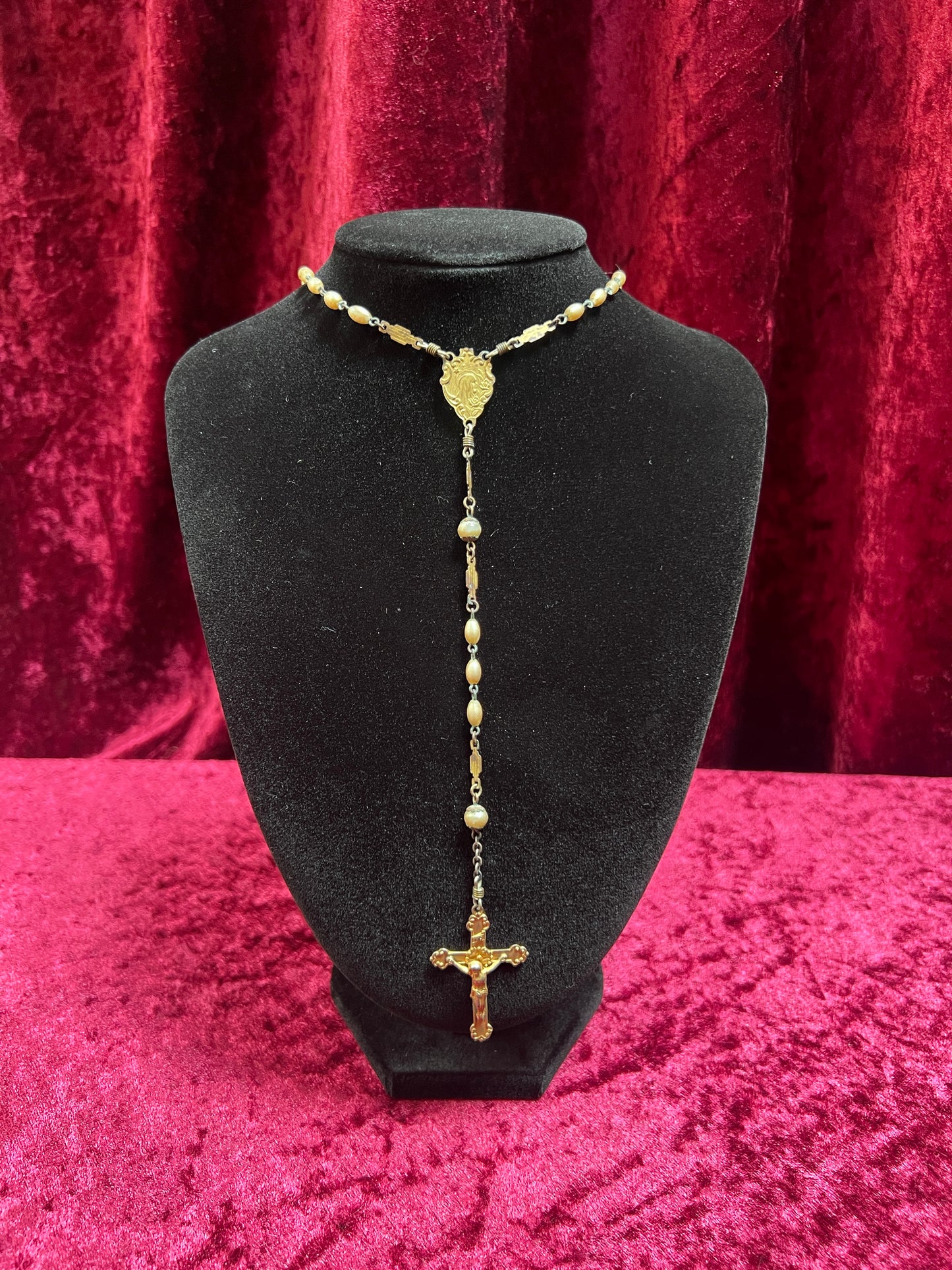 Vintage Jewelry - Italian Rosary - Champagne Gold Beads with Gold Tone Cross - 22"