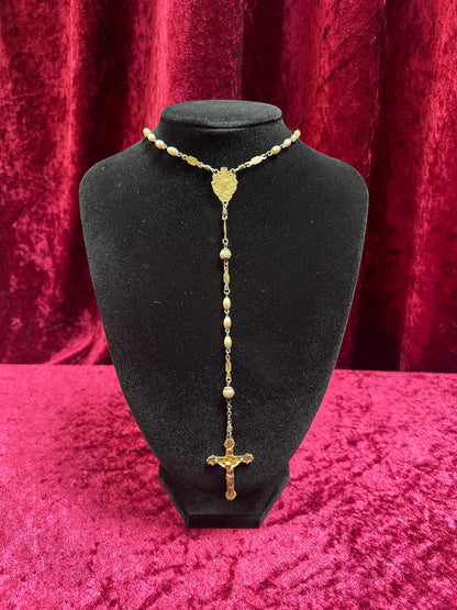 Vintage Jewelry - Italian Rosary - Champagne Gold Beads with Gold Tone Cross - 22"