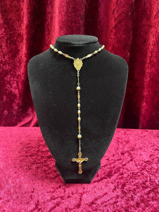 Vintage Jewelry - Italian Rosary - Champagne Gold Beads with Gold Tone Cross - 22"