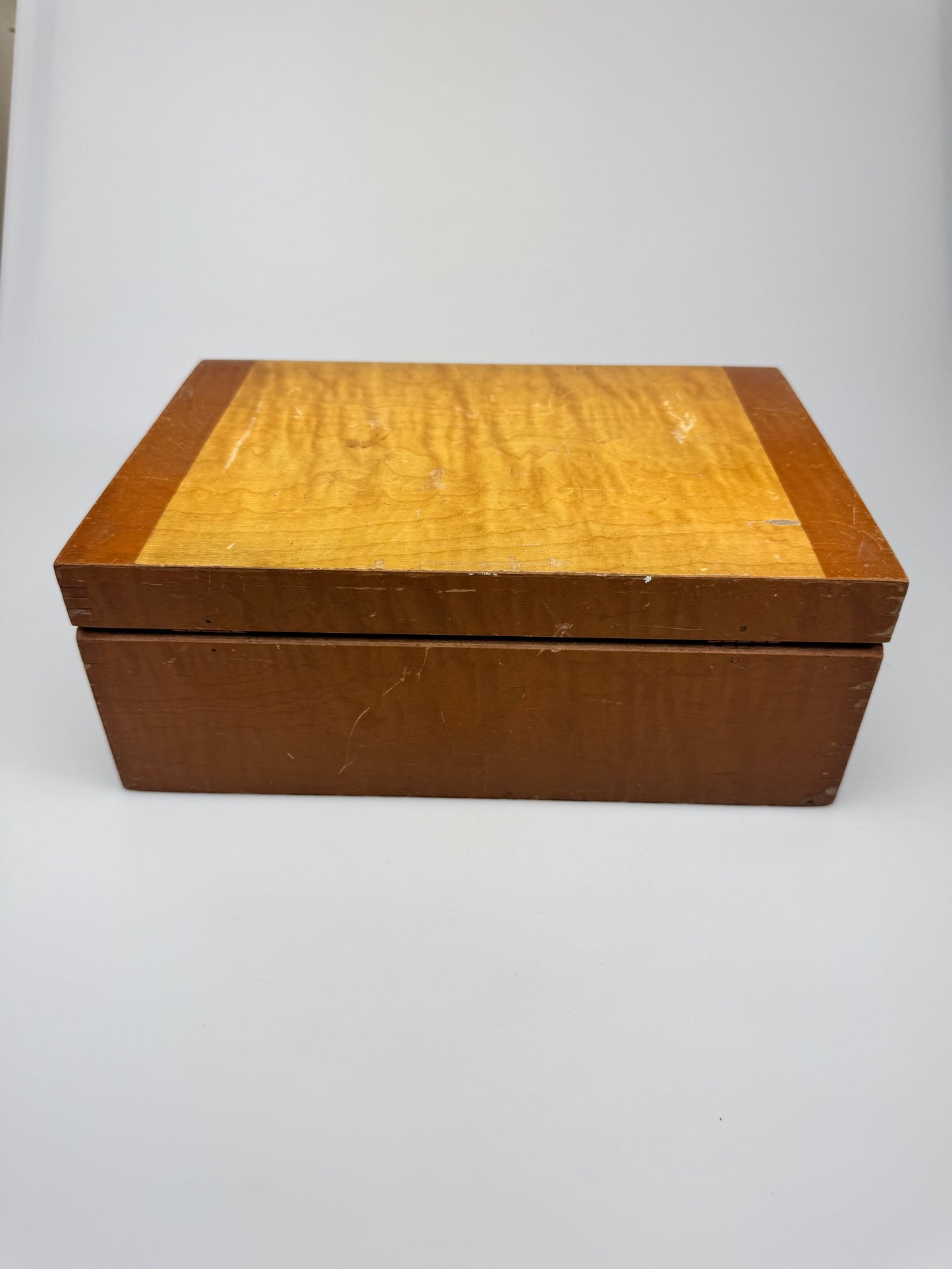 Vintage Streamlined Design Wooden Jewelry Box with Red Bakelite Handle