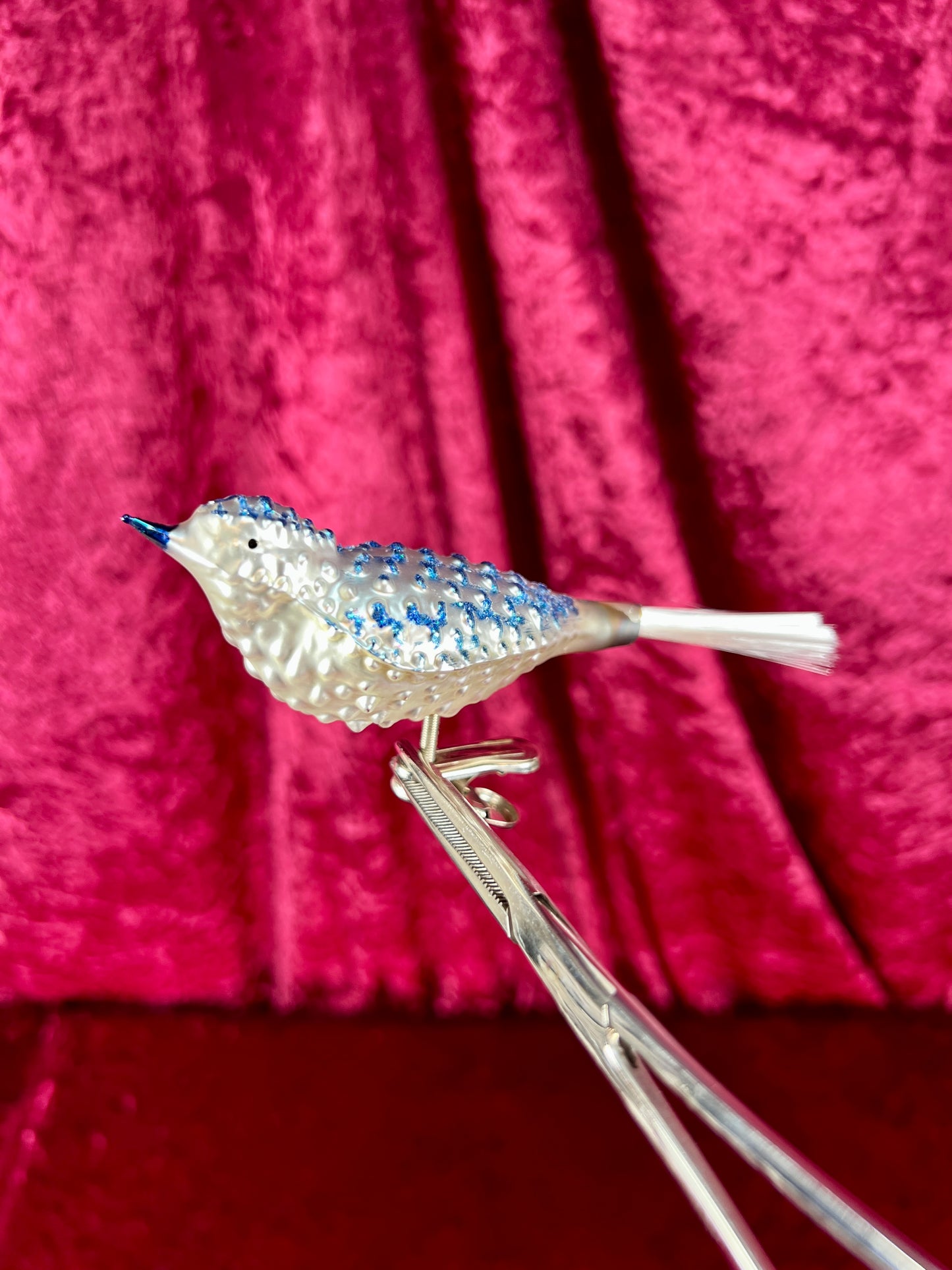 Vintage Christmas - Handblown Glass Clip On Ornament - Blue Bird with Nylon Hair Tail