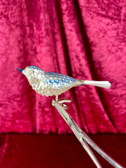 Vintage Christmas - Handblown Glass Clip On Ornament - Blue Bird with Nylon Hair Tail