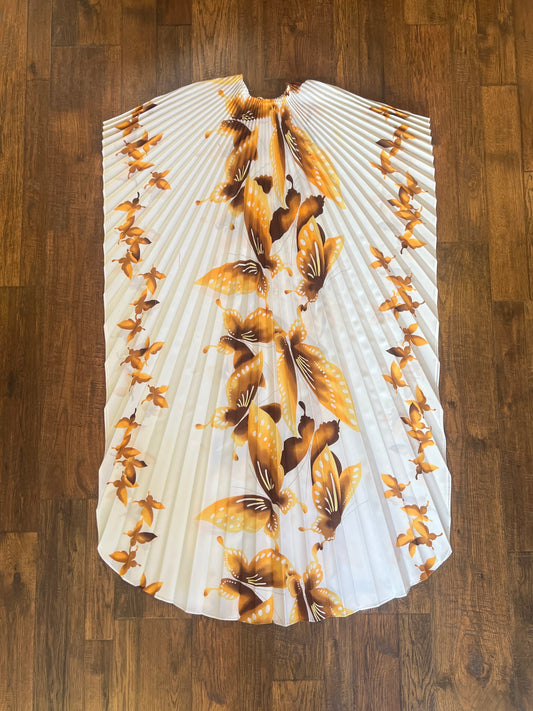 Vintage Accordion Pleated Hawaiian Kaftan Dress – Orange and Brown Butterflies on White