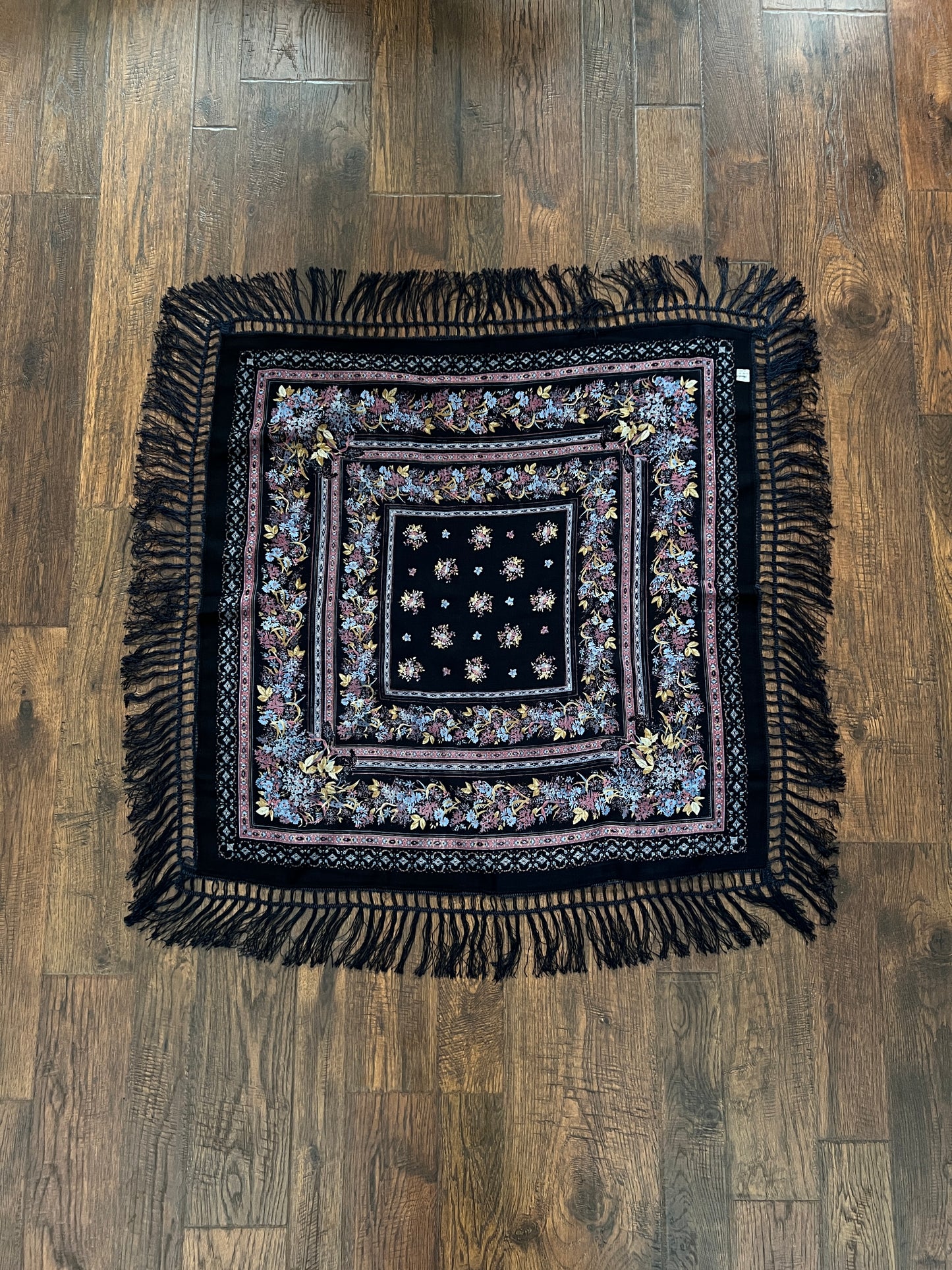 Vintage Kashmir Woole Floral Fringe Scarf - Dark Blue Square Wrap Bohemian Style