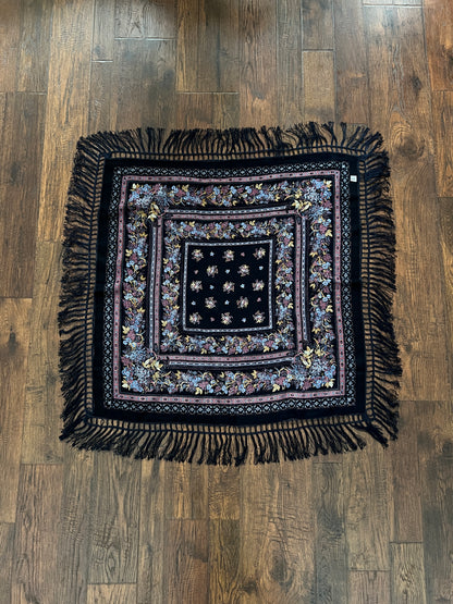 Vintage Kashmir Woole Floral Fringe Scarf - Dark Blue Square Wrap Bohemian Style