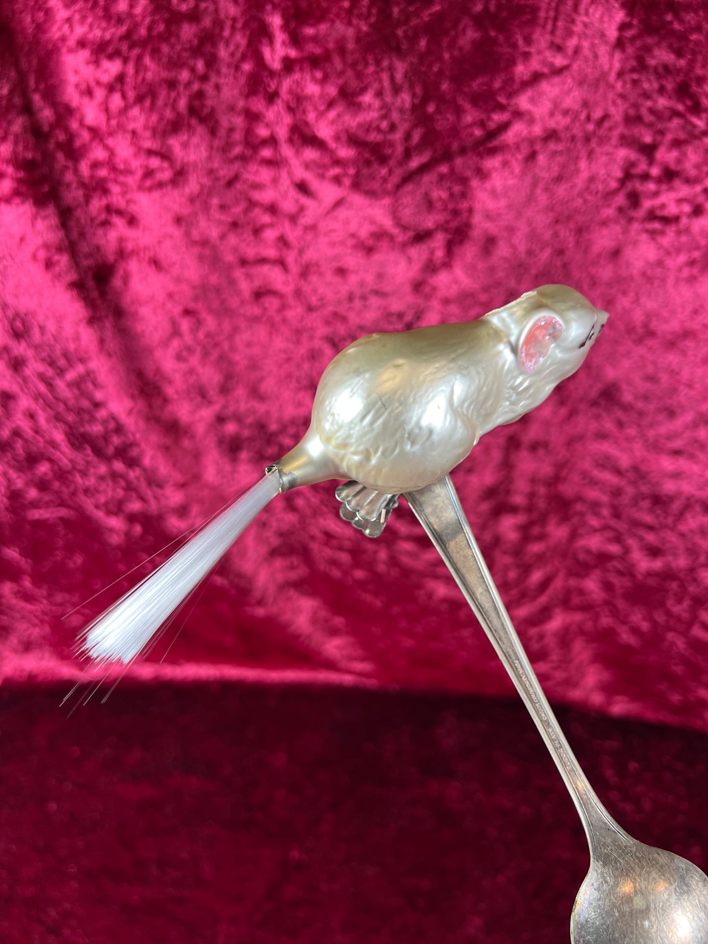 Vintage Christmas - Glass Clip-On Ornament - White Mouse with Nylon Hair Tail