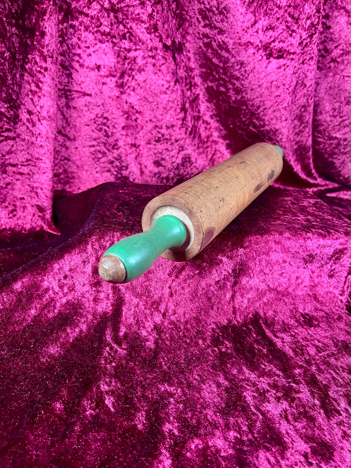 Vintage Kitchen - Wood Rolling Pin with Green Handles - Munising
