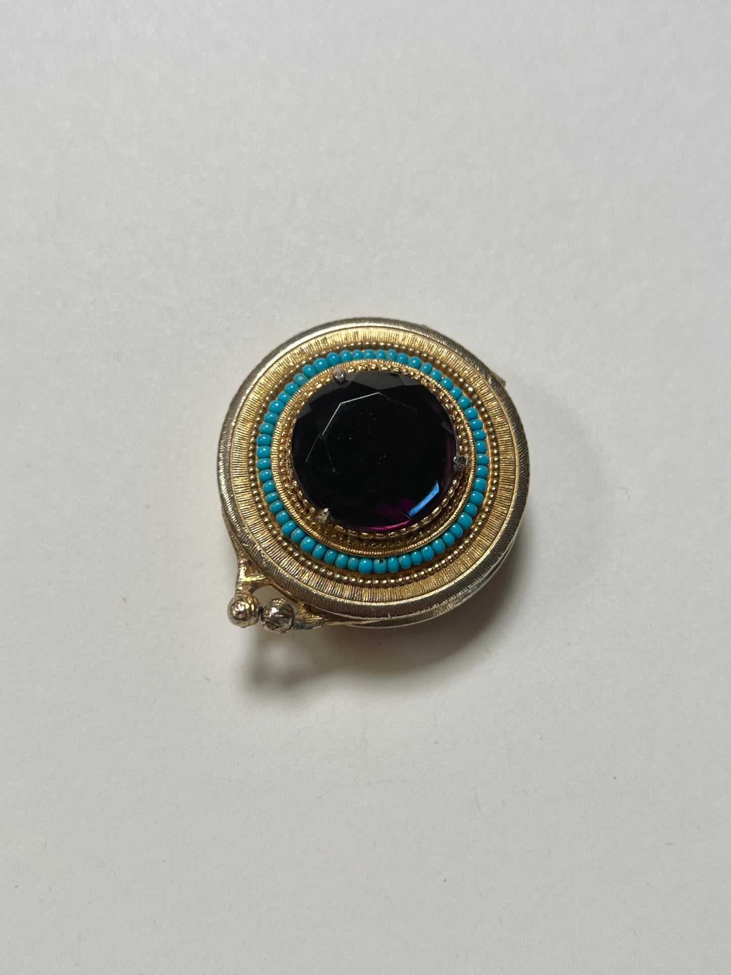 Vintage Trinket Box - Hinged Brass Pill Box - Round - Large Purple Faceted Stone - Turquoise Beads - Forenza